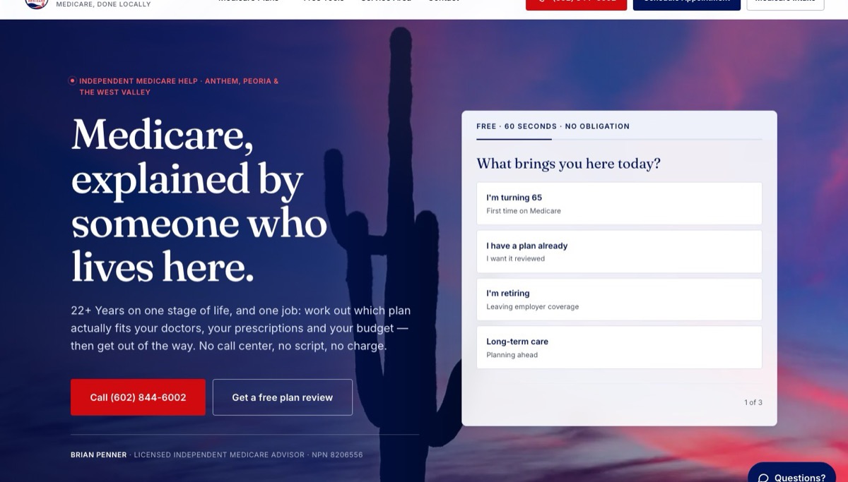 Example agent website: 602 Medicare home page